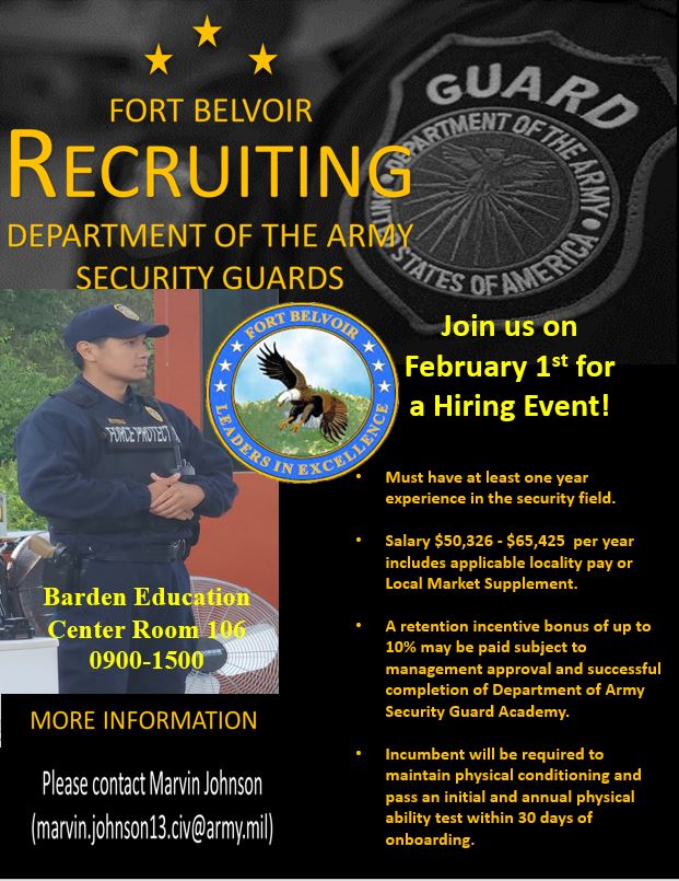 Exciting Job Opportunity Alert! Fort Belvoir is hosting on-the-spot recruiting for Security Guards at Barden Education Center on Feb. 1, from 9 a.m. - 3 p.m. If you are looking for a career in security, this is your chance to join the Fort Belvoir team and make a difference!