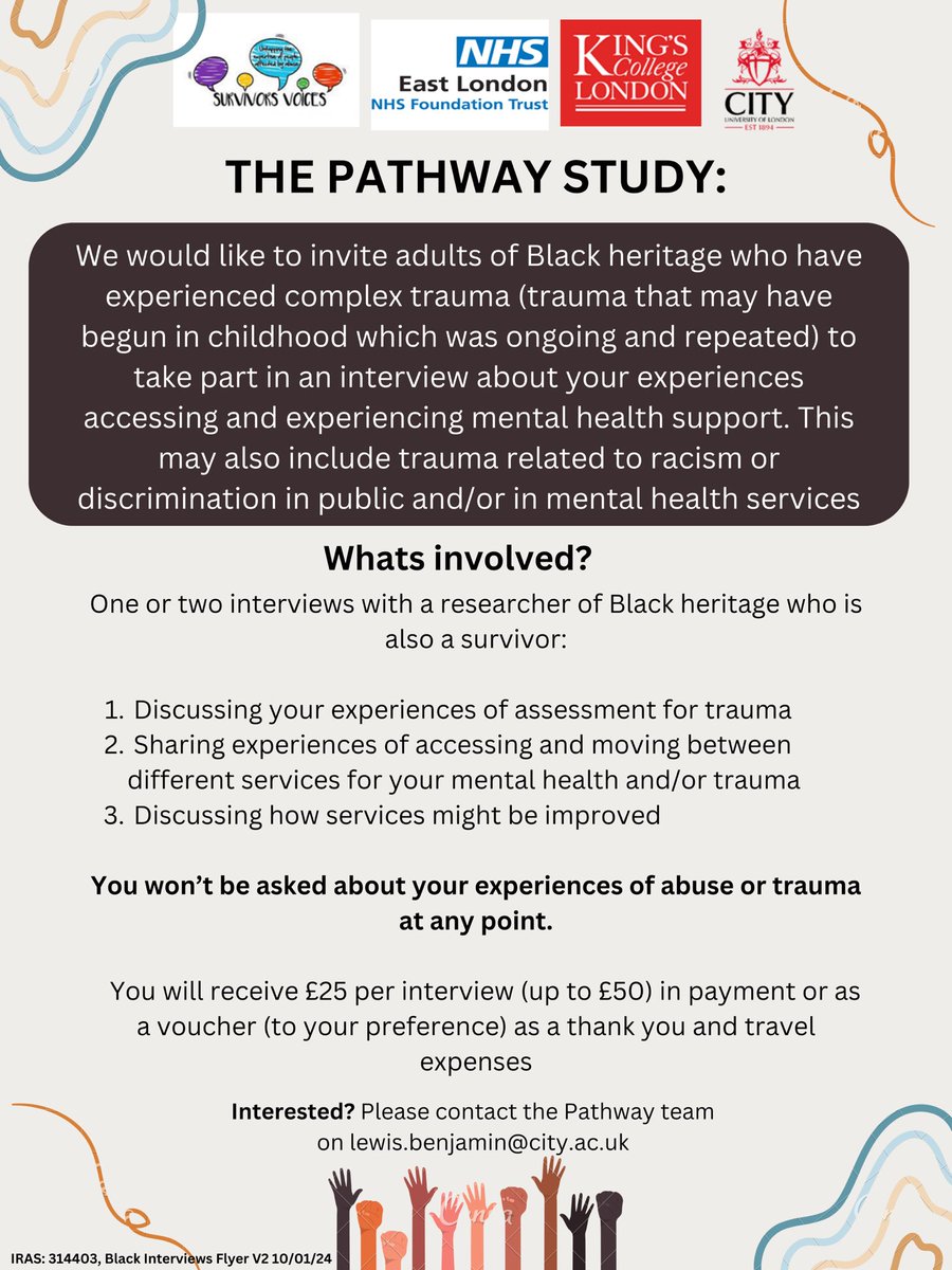As part of my PhD I am working on the PATHWAY study looking to interview Black adults with histories of complex trauma to explore their journey accessing support following on from trauma and their experiences accessing and experiencing mental health services and support