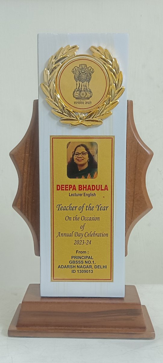 DeepaBhadula's tweet photo. Trophy in hand, heart full of gratitude!  So honored to be awarded "Teacher of the Year" at @GBSSS_1_AN. Thank you to my amazing students, supportive colleagues, &amp; inspiring Principal Sir @KuldeepSinghPpl for making this journey so fulfilling. Onward and upward! #TeacherOfTheYear https://t.co/XKJrPK5Xnm