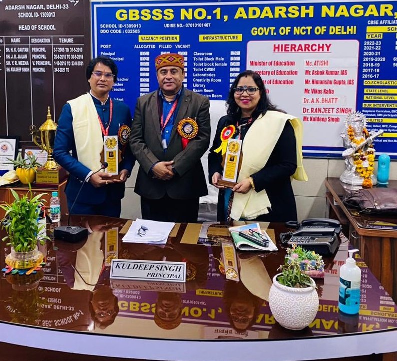DeepaBhadula's tweet photo. Trophy in hand, heart full of gratitude!  So honored to be awarded "Teacher of the Year" at @GBSSS_1_AN. Thank you to my amazing students, supportive colleagues, &amp; inspiring Principal Sir @KuldeepSinghPpl for making this journey so fulfilling. Onward and upward! #TeacherOfTheYear https://t.co/XKJrPK5Xnm