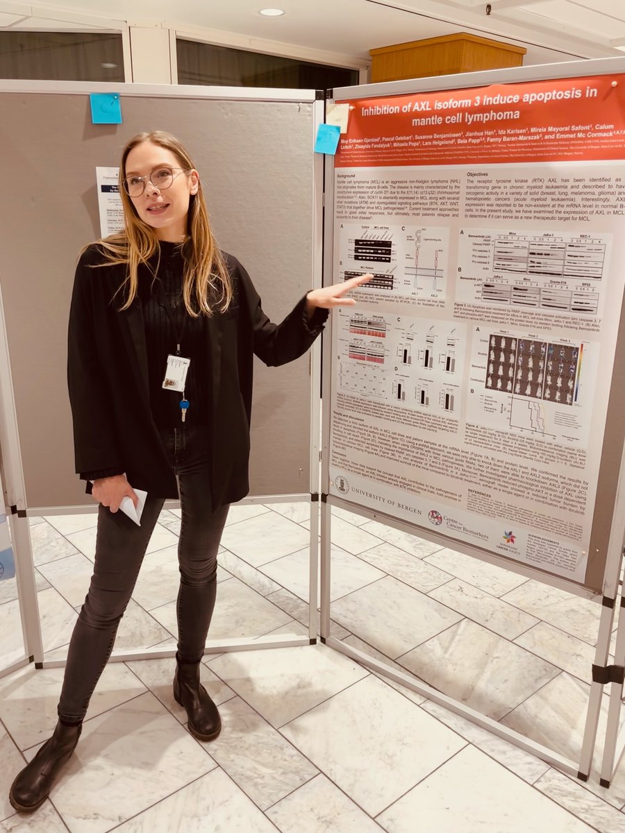 DrLB's tweet photo. Research School in Clinical Medicine, @medofak_uib and @haukeland_no - Annual meetings - May was awarded with the poster prize for her project Inhibition of AXL isoform 3 induces apoptosis in mantle cell lymphoma @PrecosL #CCBIO https://t.co/kX1V8Cp9NX
