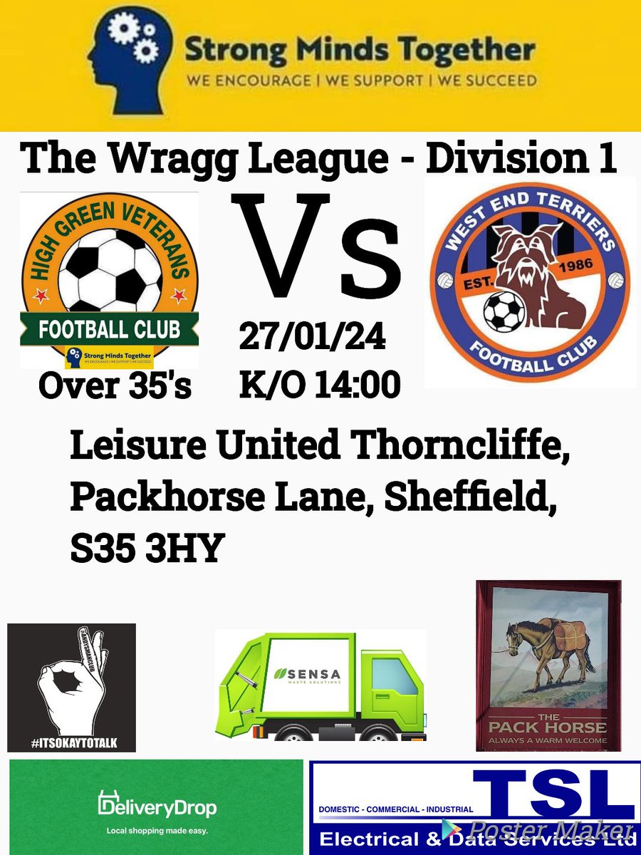 League action tomorrow at home Vs West End Terriers FC 

Venue @leisureunited.s35
Kick Off 14:00

Match Day Kit Sponsors
@Sensa_Waste
@packhorsehighgreen

Match Ball Sponsor
@DeliveryDrop1

Pre-Match Tops Sponsor
@TSLElectrical

In partnership with
@StrongMindsTog1