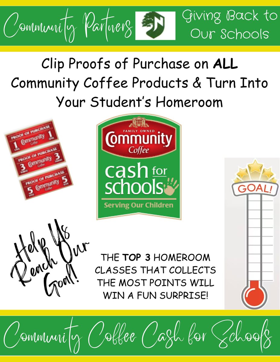 Families and Friends, please help our school earn funds for materials by clipping your Community Coffee proofs of purchase and sending them to school with your child(ren). Like and share this post to spread the word! #NIEbears#bearcountry#communitycoffee#cashforschools
