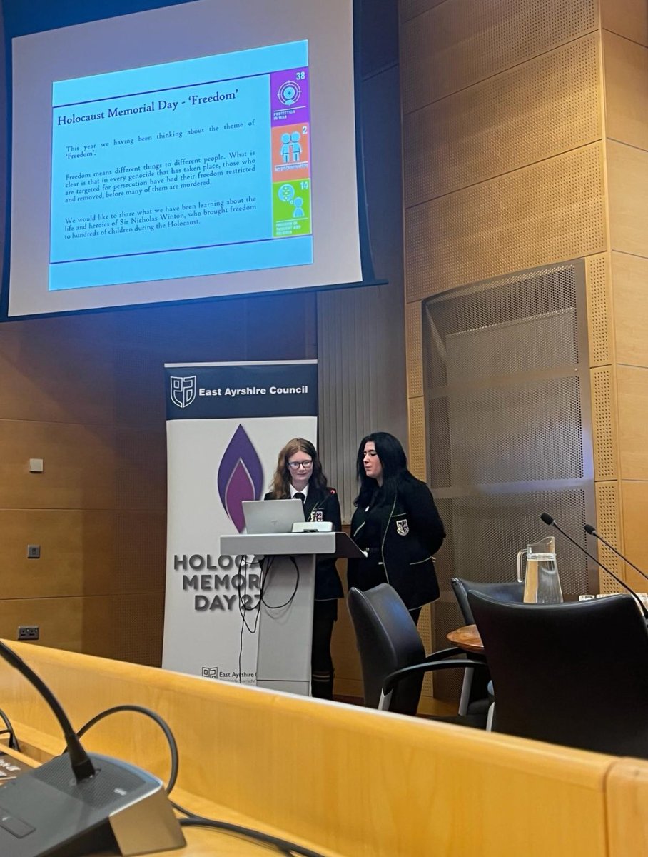 Stewarton_Acad's tweet image. Today we were delighted to have two S6 pupils present at @EastAyrshire #HMD2024 event on the theme of ‘Fragility of Freedom’. #RRSArticle2
