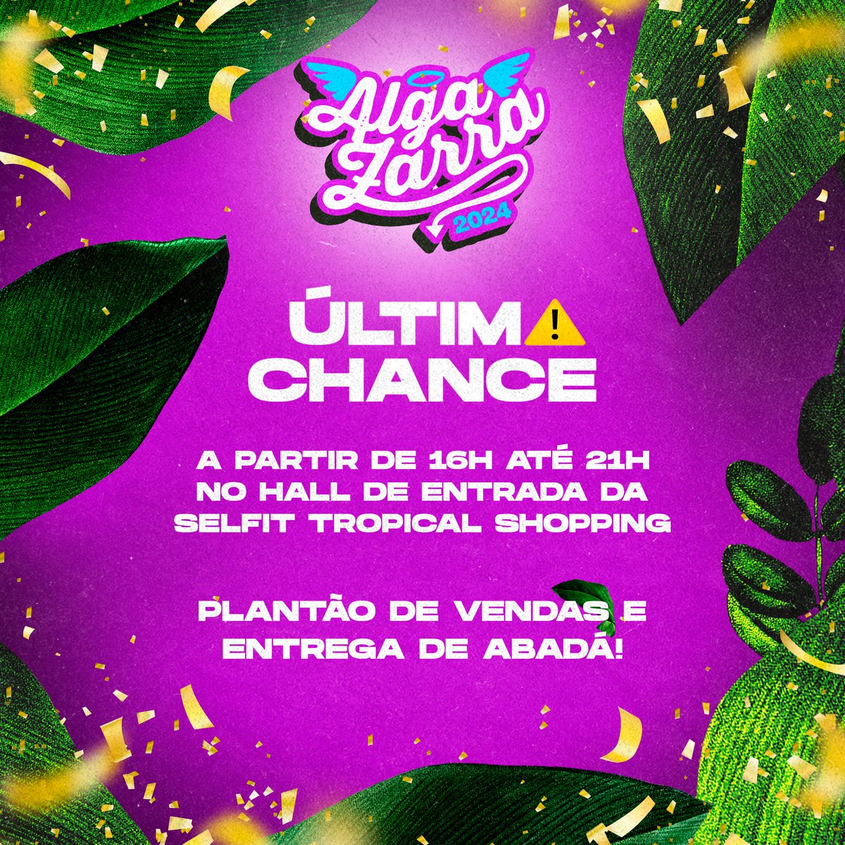 tgproducoes_slz's tweet photo. 🚨 Última chamada para garantir seu abadá e entrar no ritmo do Bloco Algazarra!
Corra para o Hall da SELFIT do Tropical Shopping e faça parte dessa folia inesquecível.
Não perca essa chance!
#Algazarra #Abadá #CarnavalChegando https://t.co/oOVcznOeow