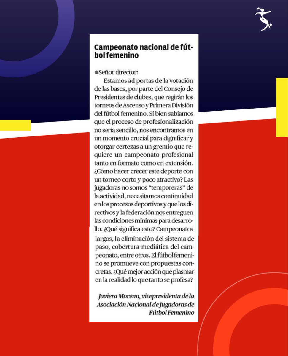 ✍🏽 Compartimos Carta al Director al Diario de Atacama de <a href="/javimoreno_s/">Javiera Moreno</a>, vicepresidenta de ANJUFF. ¿Qué significan condiciones mínimas para las futbolistas? Aquí algunas luces.