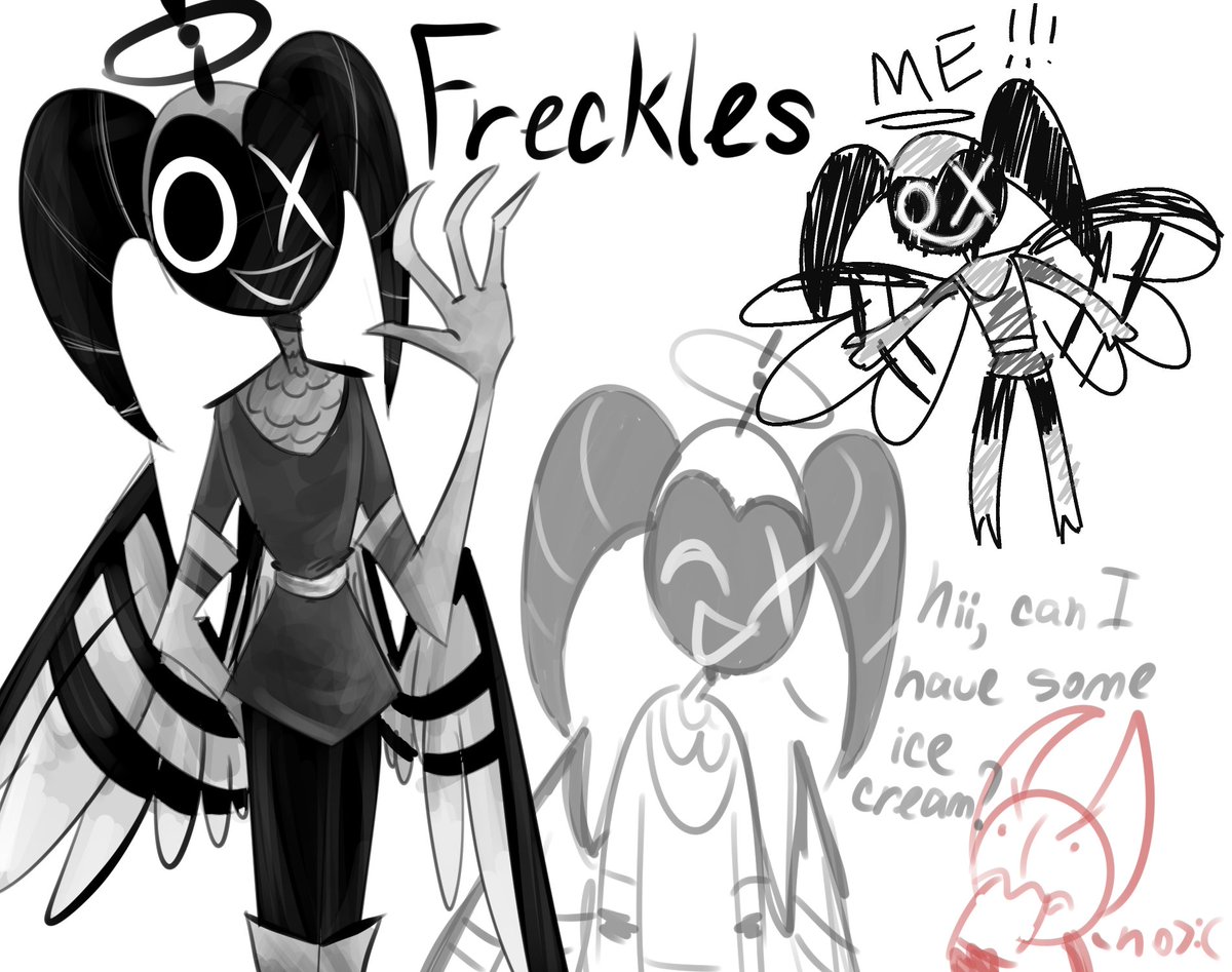 CookieFreakky's tweet photo. soooo, I haven't seen any silly exterminators... or exorcists, idk... and decided to create one myself!
so, here's Freckles! she really likes ice cream!!!  
#HazbinHotel #HazbinHotelOC #fanart https://t.co/MGRMYHtZGR