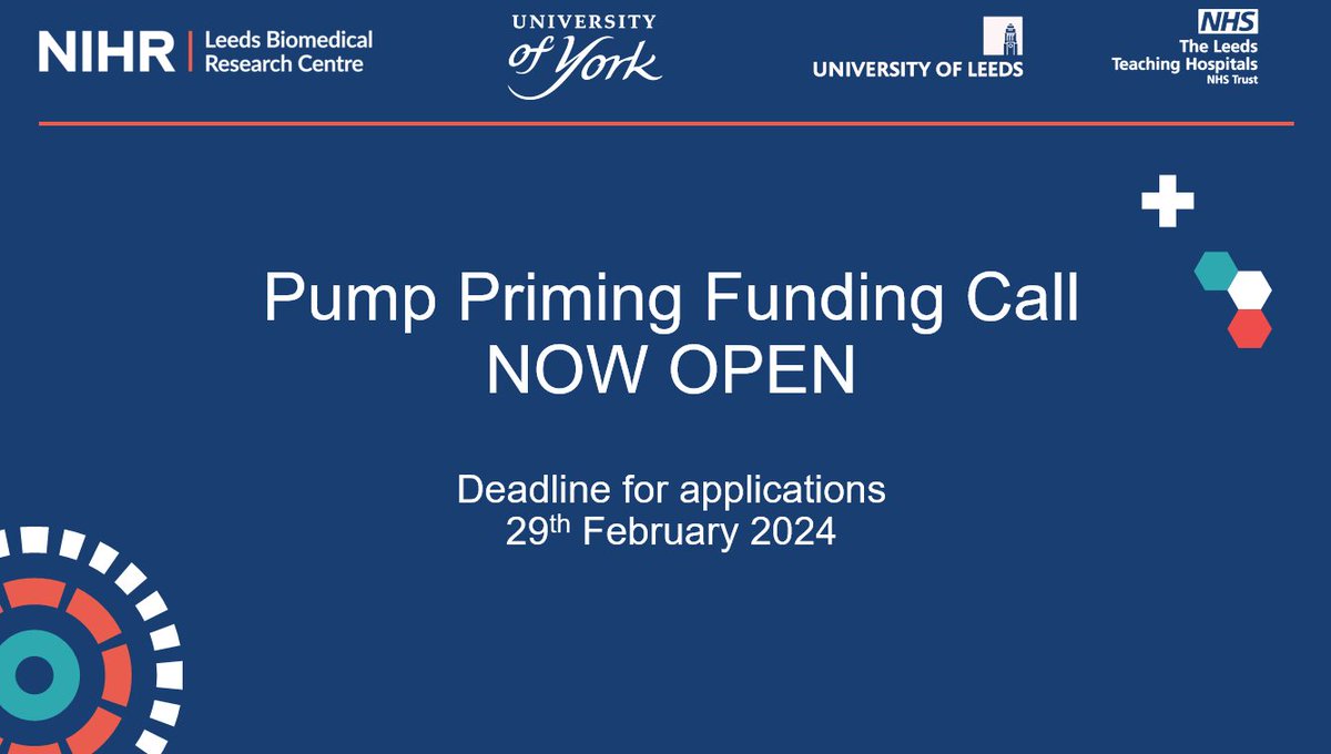 📢 Our Pump Priming Funding is now open to all staff across our partnership organisations! 👉 Click for eligibility & how to apply: shorturl.at/ijvx1 #ResearchOpportunity #ResearchFunding @LeedsMedHealth @NIHRresearch @LTHTResearch @UniOfYork @UniversityLeeds