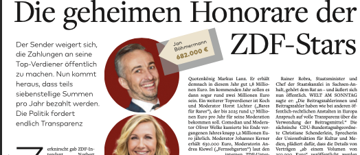 🔴Exklusiv in <a href="/WELTAMSONNTAG/">WELT AM SONNTAG</a>: Unsere <a href="/investigativ_de/">Axel Springer Investigativ</a>- Recherche zu den bislang unbekannten (Millionen-)Zahlungen des #ZDF an seine Top-Verdiener (Lanz, Lichter, Welke &amp; Co.) – und wie sich Politiker im Blick auf geplante Gebührenerhöhungen nun quer stellen. // <a href="/welt/">WELT</a>