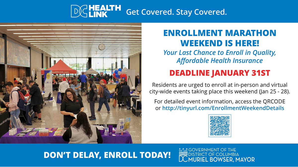 DCHealthLink's tweet photo. IT’S ENROLLMENT MARATHON WEEKEND! We'll be all over DC this weekend (including live radio broadcasts with special guests @benschilibowl) helping you enroll in quality affordable health insurance. Here's where we'll be: https://t.co/E7rTcnHwlR 

#GetCoveredDC https://t.co/ToxyyeXj9S