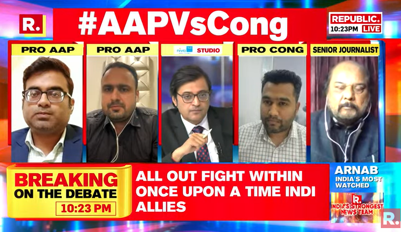 republic's tweet photo. #AAPVsCong | I agree INDI Alliance is losing time and the seat sharing should be settled at the earliest. But the problem is that there are inciters in the alliance. I don't think they have any approval from their leaders to say what they are saying: Pankaj Sharma (@Pankaj___Sharma), Sr. Journalist
Tune in for The Debate and fire in your views- https://t.co/3ODDwmE9If
#Bihar #NitishKumar #INDIAlliance #BJP #AAP #Congress #MamataBanerjee #Arnab #ArnabGoswami