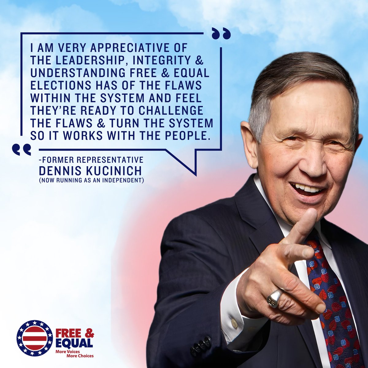 🌟 Exciting news! @Dennis_kucinich, a true advocate for equal elections, is now running as an independent for Congress. His dedication to freedom and democracy continues to shine!  🗳🤝 

#DennisKucinich #FreeAndEqual 
#IndependentVoice #UnitedWeStand