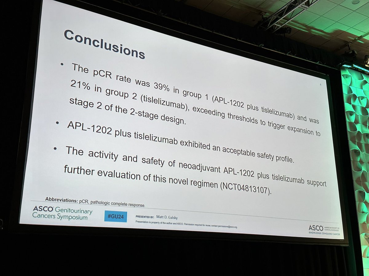 Interim analysis of ANTICIPATE phase II trial presented by @MattGalsky showed pCR of 39% in APL-1202/Tislelizimab combination vs 21% Tislelizumab alone given as NACT in MIBC for cisplatin ineligible/declining pts with an acceptable safety profile. #GU24 @ASCO