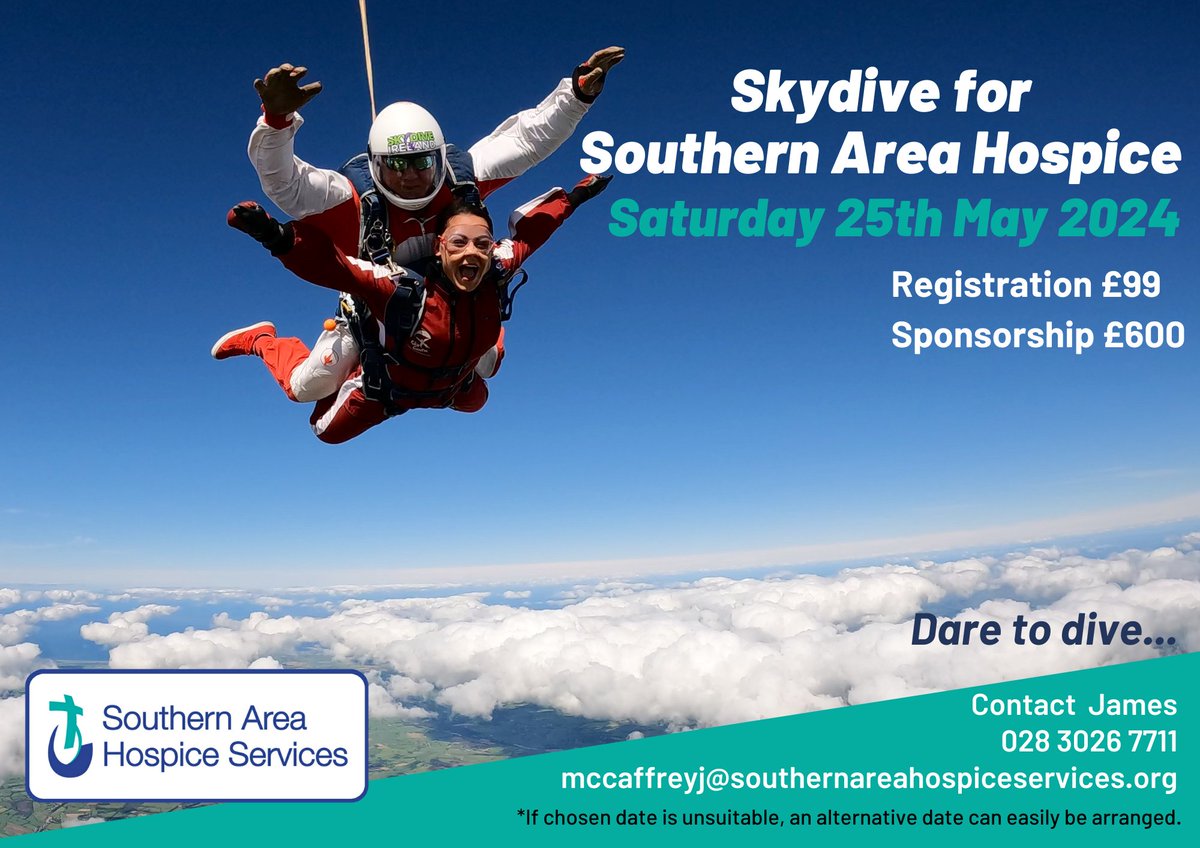 📷Skydive for Hospice-Saturday, May 25, 2024 Sign up for an experience of a lifetime while raising money for the Southern Area Hospice. For details, visit bit.ly/3S8LE0u or email James mccaffreyj@southernareahospiceservices.org Tag your Skydive buddy!