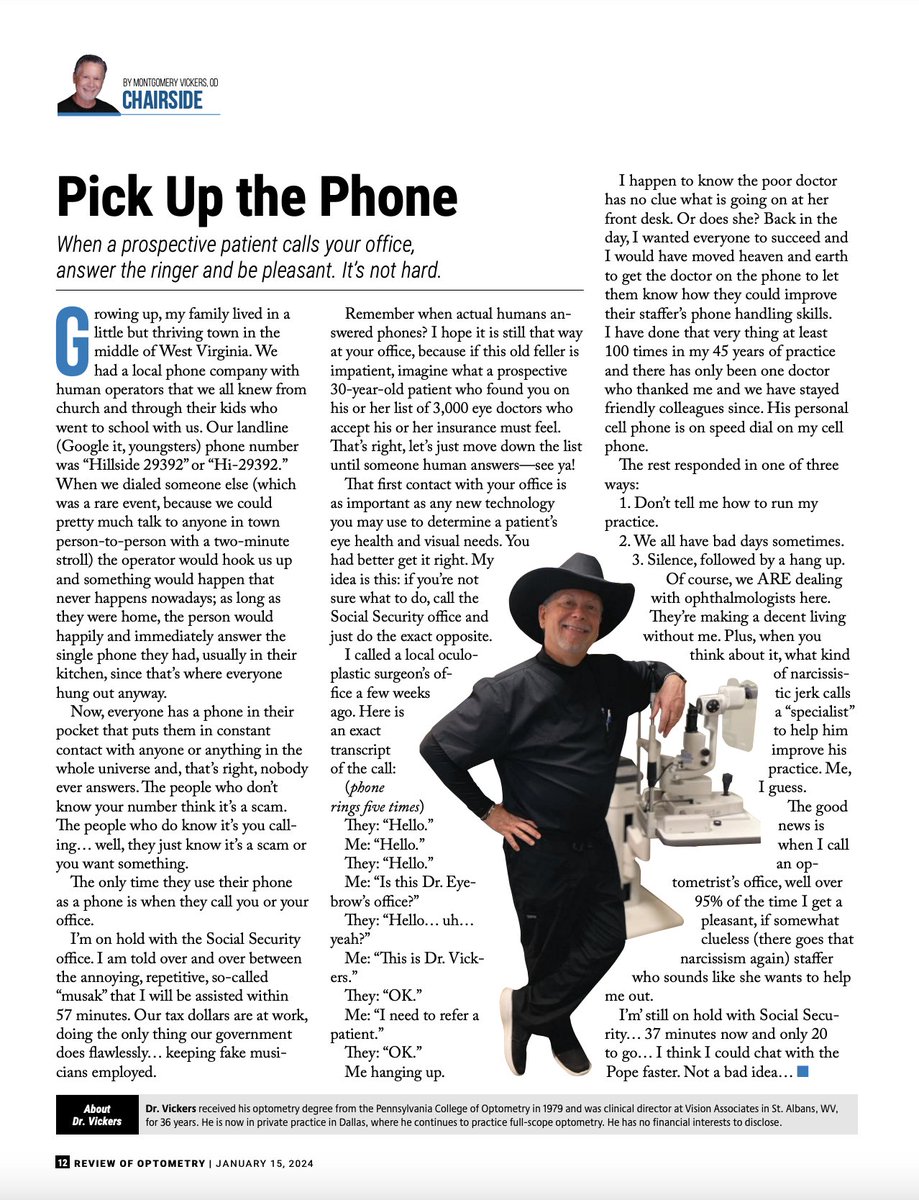 revoptom's tweet image. &quot;Pick Up the Phone&quot; 📞 When a prospective patient calls your office, answer the ringer and be pleasant. It’s not hard.

Read Dr. Montgometry Vickers&apos; monthly column, Chairside: reviewofoptometry.com/article/pick-u…
#optometry #optometrist #optometrypractice #eyedoctor