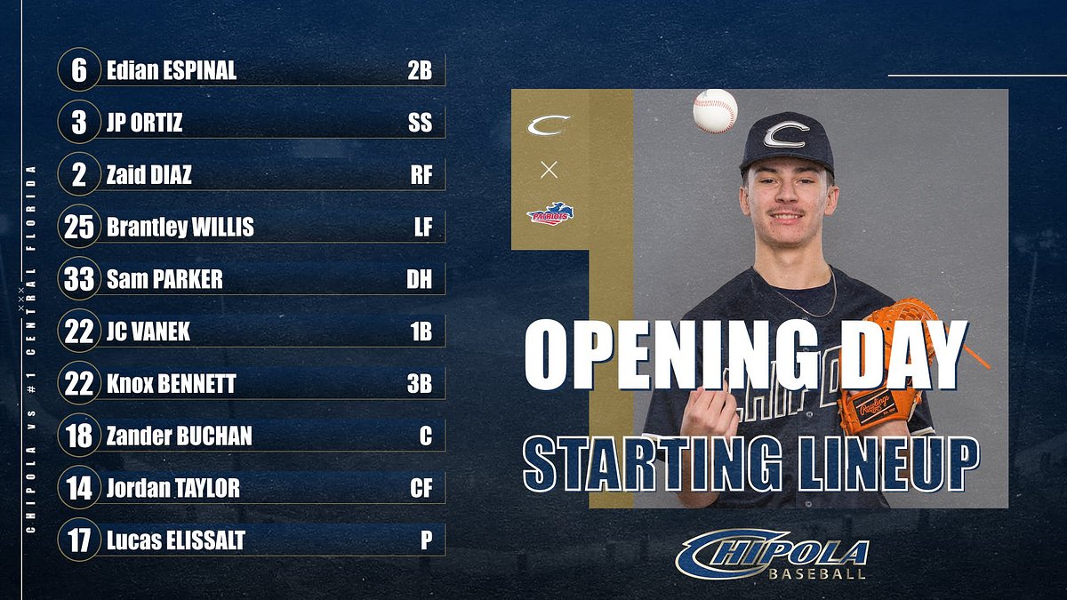 OPENING DAY LINEUP for the Indians as they get set to take on #1 College of Central Florida at the JUCO Earlybird down in Auburndale. 
Lucas Elissalt is on the mound for Chipola.

Here is the link to follow on GameChanger:
web.gc.com/teams/ZXoLiMC9…