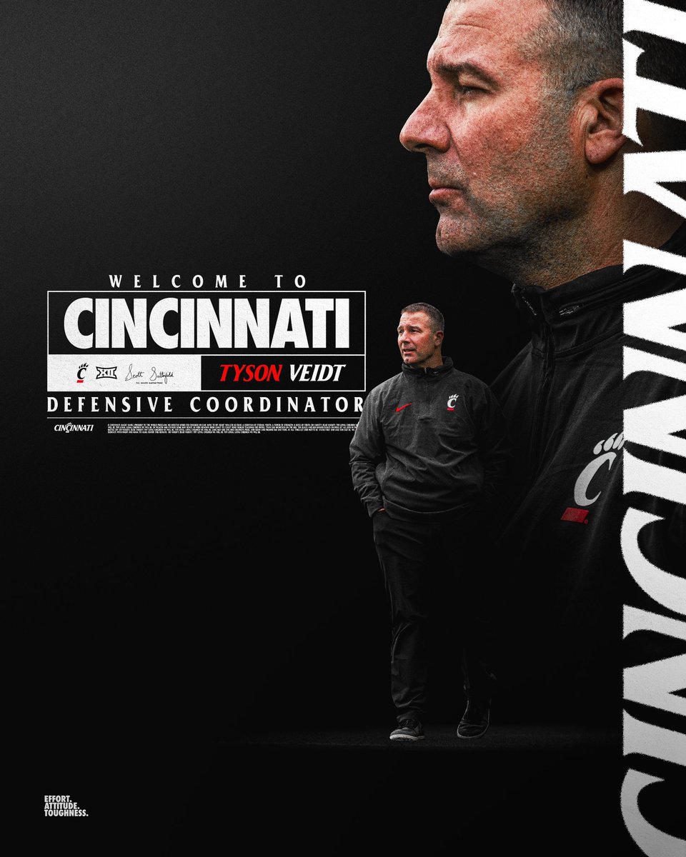 Welcome to Cincinnati, @TysonVeidt @CoachSattUC has announced the hire of Tyson Veidt as 𝐃𝐄𝐅𝐄𝐍𝐒𝐈𝐕𝐄 𝐂𝐎𝐎𝐑𝐃𝐈𝐍𝐀𝐓𝐎𝐑. 🔗: bit.ly/3Ug9BW5 #TheStrongShallReign x #Bearcats