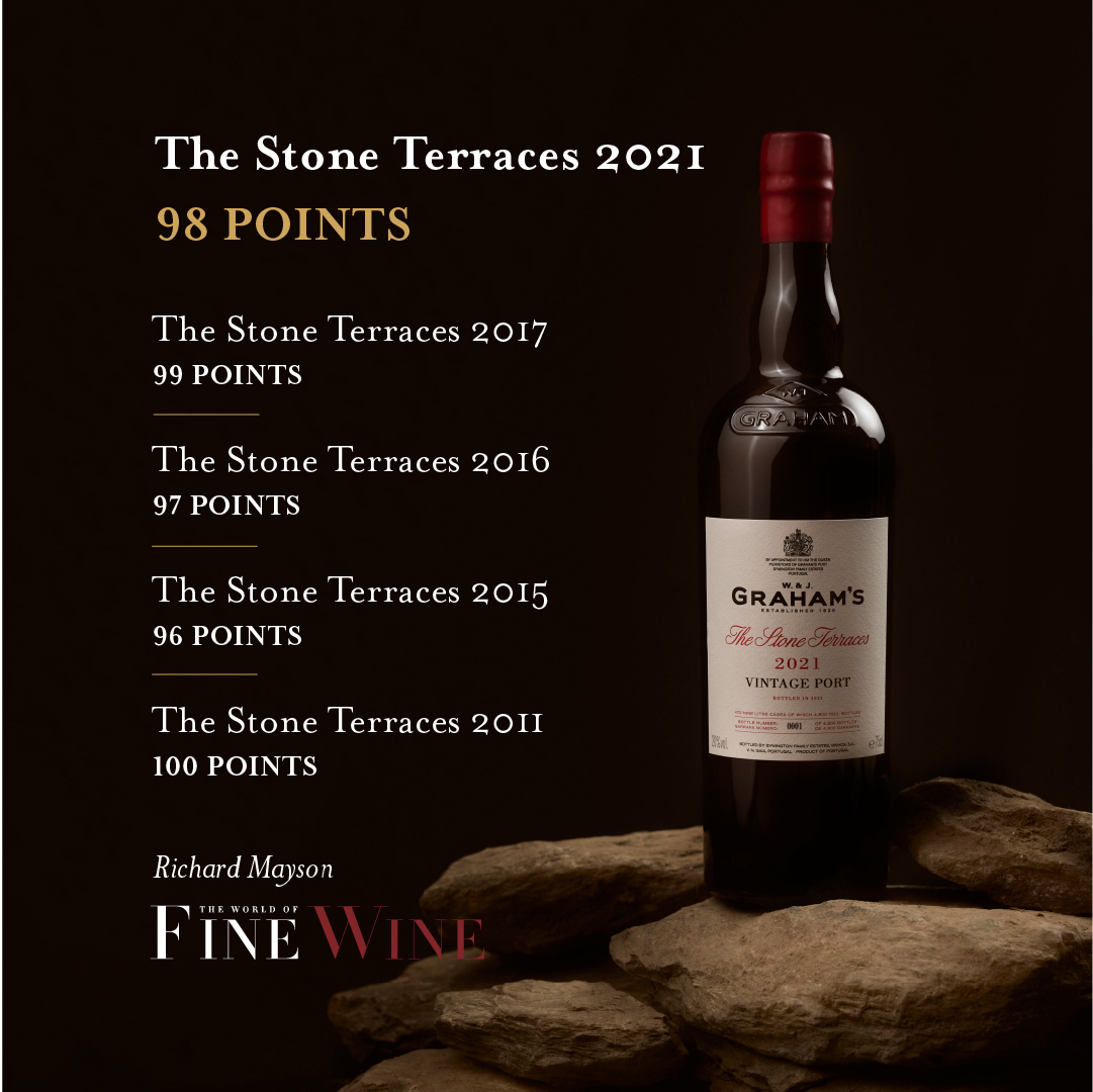 We are thrilled to have received a score of 98 points from @RichardMayson for our 2021 The Stone Terraces Vintage Port. Writing for The @WorldOfFineWine, Richard scored all five editions of The Stone Terraces, with all scoring 96+ and the 2011 achieving 100 points. #GrahamsPort
