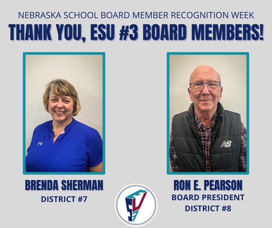 Happy Nebraska School Board Member Recognition Week! 🌟 Today, we recognize Ms. Brenda Sherman and Mr. Ron Pearson for their unwavering support of ESU #3 and our member school districts.