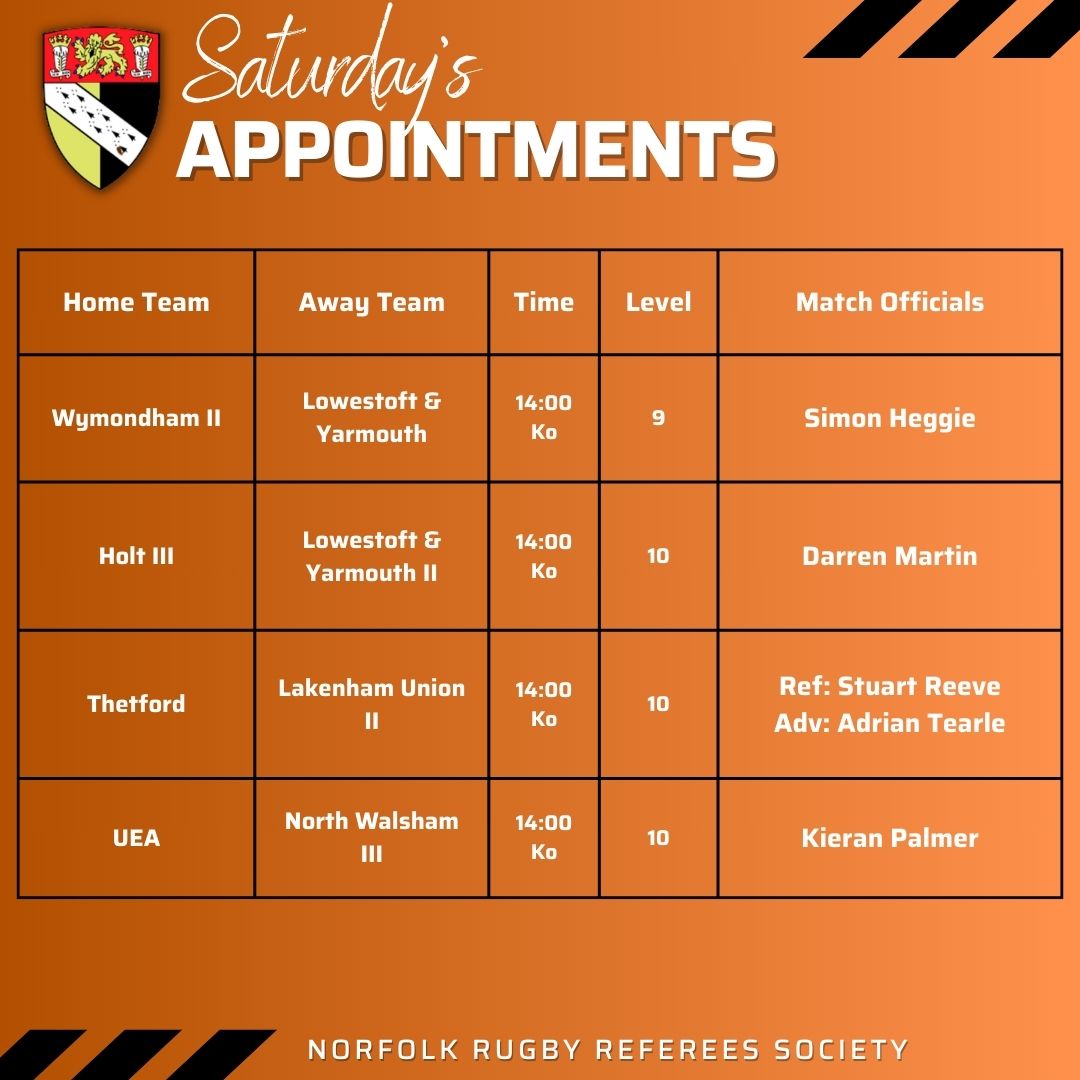 Here are  your Saturday's appointments. Good luck to all referee's and players.  

#NRURS #keepyourbootson #norfolkrefs #canyoudoit