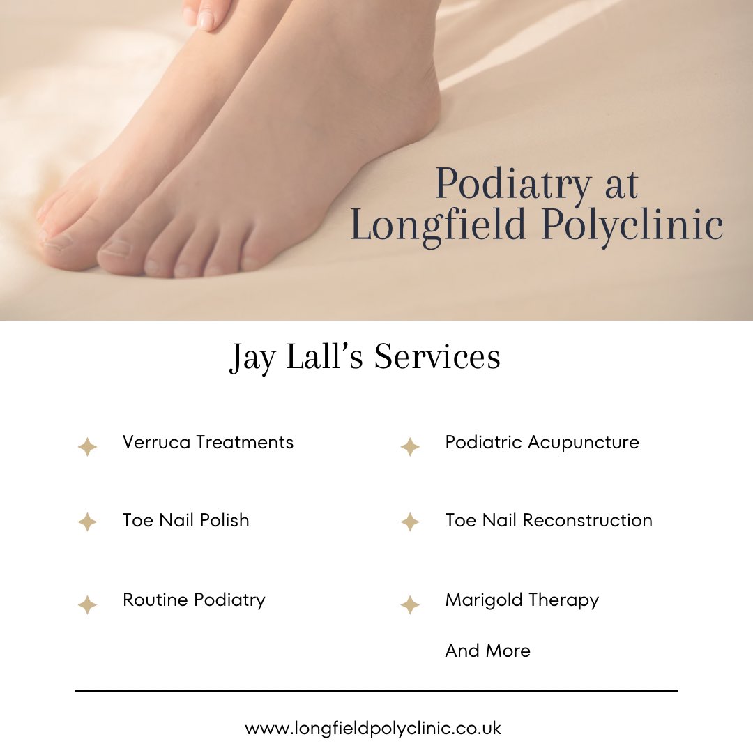 Our new podiatrist’s services. Contact us for any enquiries or to book an appointment with Jay. 

#kent #longfield #podiatry #feet #footproblems #clinic #dartford #health #foothealth #verrucaremoval #toenailreconstruction #podiatrist #podiatrytherapy #foottheraphy