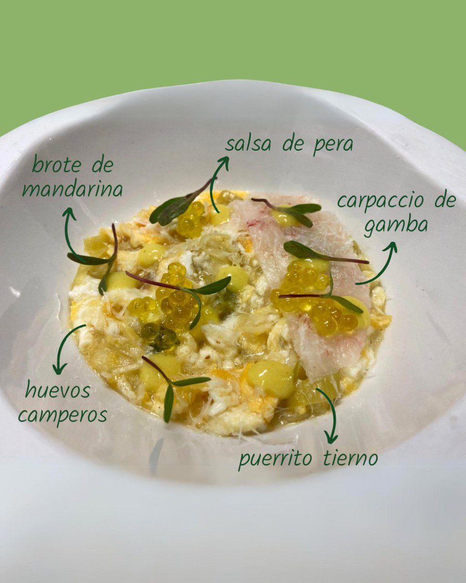 ¡Una explosión de sabores en cada plato! Este irresistible revuelto de huevos camperos con puerrito tierno, carpaccio de gamba, una salsa de pera que te sorprenderá y un toque fresco de brote de mandarina. Estás tardando en probarlo ¡No te arrepentirás! 😋