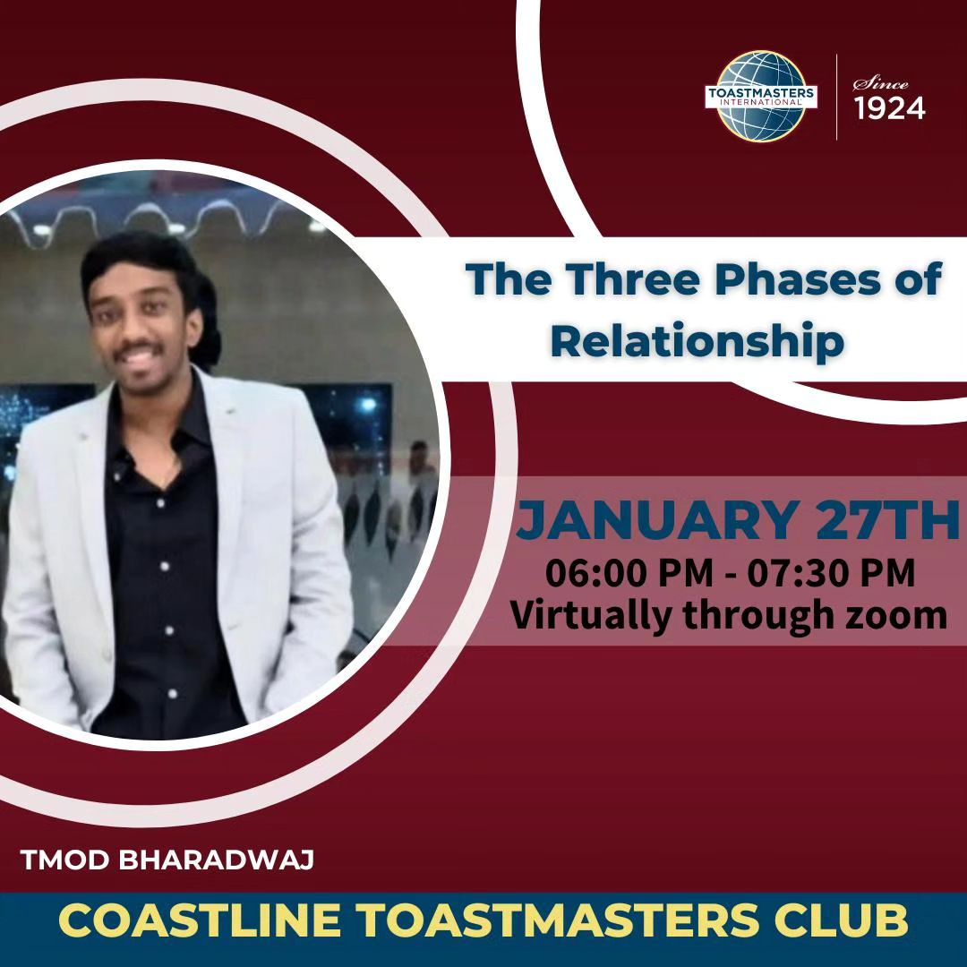 Dear Esteemed Toastmasters,
🎙️ Join us as Bharadwaj takes the stage at Toastmasters, exploring 'The Three Phases of Relationship' – a journey through connection, growth, and harmony. 🌱🤝 Don't miss this insightful exploration! #Toastmasters #RelationshipPhases #BharadwajSpeaks
