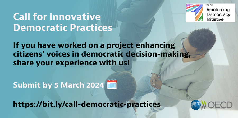 📢 OECD Call for Innovative Democratic Practices Have you worked on a project that has enhanced the voice of citizens into democratic decision-making? We want to hear about it! Learn more & submit your project 👉 bit.ly/call-democrati… Deadline: March 5, 2024 📆