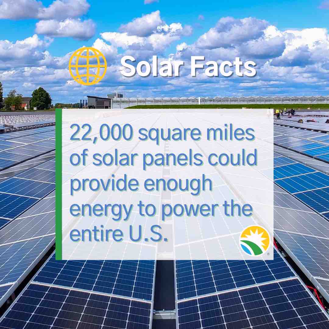 MCGreenBank's tweet photo. #DidYouKnow A 22,000-square-mile area (roughly the size of Lake Michigan) of solar panels could generate enough electricity for the entire country?
Thanks to #SolarFactFriday, now you do!
Thinking of going #solar? Visit https://t.co/cM5BIaCikQ to learn more. https://t.co/03jgqZmEkT