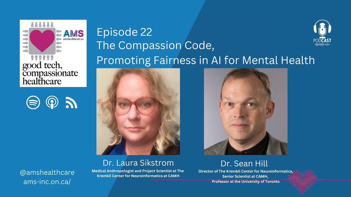 The first 2024 episode of the Good Tech, Compassionate Healthcare podcast has dropped! Dr. @LauraSikstrom and Dr. Sean Hill (@wake_sleep) discuss the fairness and usage of AI in mental healthcare. Listen here: buff.ly/3PE0kTr @CAMH_KCNI @uoftpsychiatry