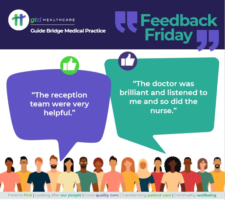 See the graphic below to read some lovely #feedback from patients.

#PrimaryCare #FeedbackFriday #GreatQualityCare #PutPatientsFirst #LeadTheWayInTransformingPatientCare #ContributeToTheWellbeingOfLocalCommunities
