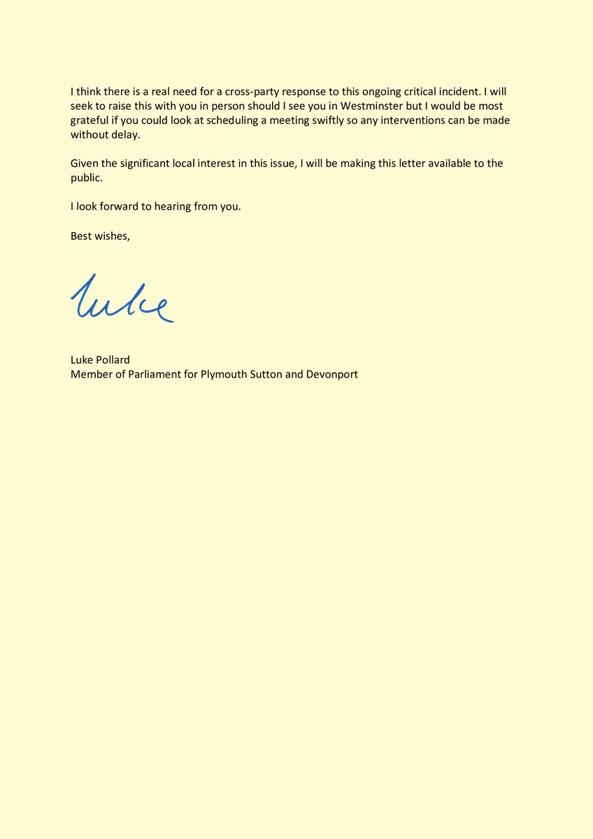 LukePollard's tweet photo. This evening I have written to the Health Secretary @VictoriaAtkins about the ongoing critical incident at Derriford Hospital. 

I have asked her to to convene a meeting of Plymouth MPs and health officials to discuss what interventions can be made to support the hospital. https://t.co/hci5fcQUrY