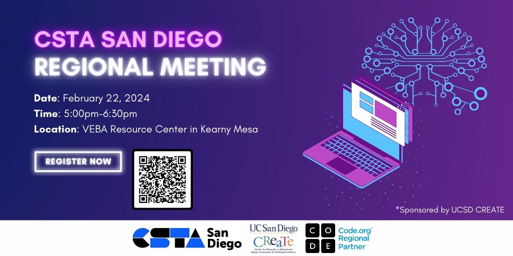 Join us at the CSTA San Diego Regional Meeting on February 22, 2024, from 5:00pm-6:30pm at the VEBA Resource Center in Kearny Mesa. Unlock new possibilities, connect with fellow enthusiasts, and stay ahead in the tech game. Don't miss out—REGISTER NOW! forms.gle/H5j67tyhn6rxAK…