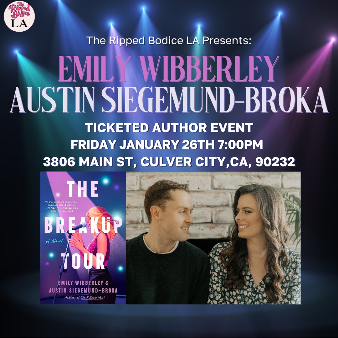 TODAY IN LA! To celebrate The Breakup Tour, we’re hosting an event with Emily Wibberley & Austin Siegemund-Broka at 7pm. 🎤 🎟️Limited tix bundled the book & exclusive art: therippedbodicela.com/events-and-tic… #TheRippedBodiceLA @Wibbs_Ink @ASiegemundBroka #ContemporaryRomance