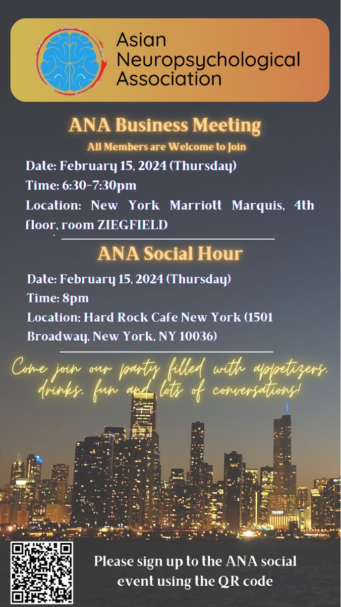 🚀 Mark your calendars for 2/15 and RSVP now! 🎸🥂 Join us for the ANA Business Meeting at 6:30PM followed by the ANA Social Hour at 8PM! Register at: tinyurl.com/k3b4dnb3 #INS2024inNYC @INSneuro @AsianNeuropsych #neuropsychology