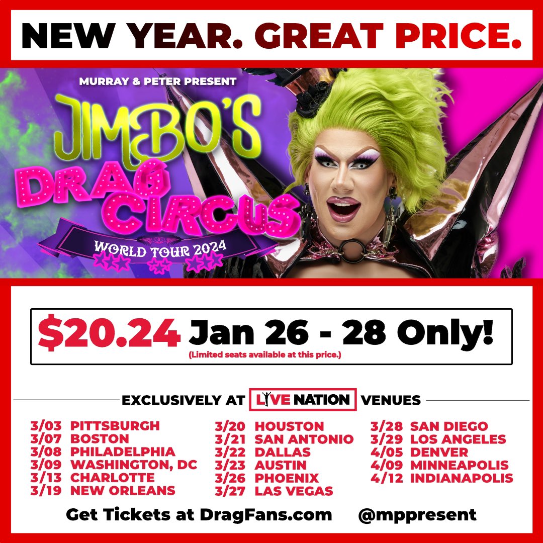 3 DAYS ONLY! Today thru Sunday. Snatch low dough $20.24 tickets exclusively at @LiveNation venues to see @jimbodragclown live on stage. Grab them at DragFans.com #mppresent #jimbosdragcircus