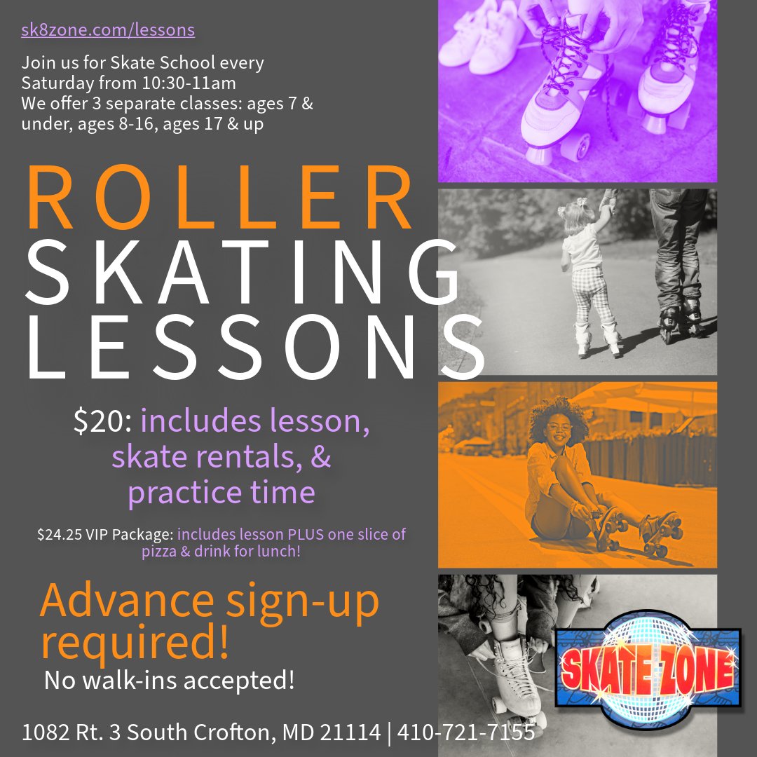 🛼 Learn to skate!!! 🛼

👉🏼 Join us every Saturday morning from 10:30-11am! This is a group lesson, separated by age levels and is a beginner class.

Add the VIP package and enjoy lunch with us! 🍕🥤

#skatezonecrofton #skateschool #learntoskate #skatelessons #rollerskate