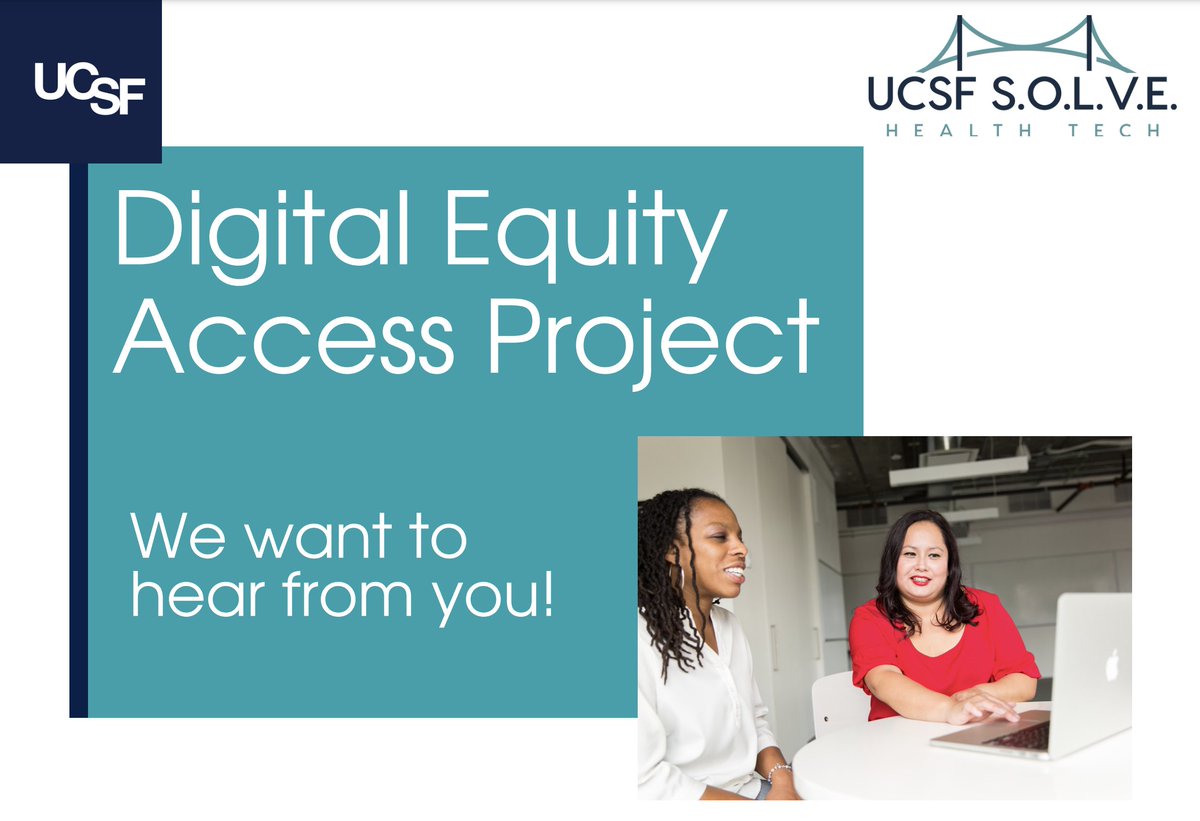 Are you a CHC, FQHC, or other safety-net setting serving low-income and publicly insured patients? Share your experiences about digital equity access for patients across California by taking a brief survey. For more information, check out the flyer here: tinyurl.com/UCSF-Digital-E…