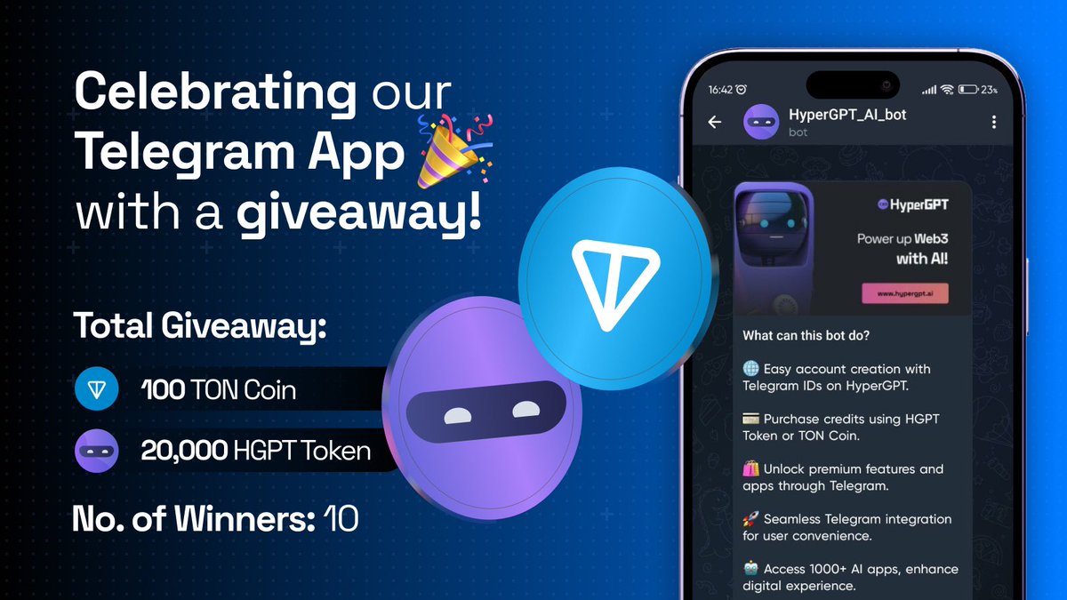 🚀 HyperGPT's Telegram AI App is now live! 👉🏻 t.me/HyperGPT_AI_bot

To celebrate this special milestone, we're giving away 20,000 HGPT + 100 TON Coin! 💸

All you need to do 👇🏻

✅ Follow @‌hypergpt on X
✅ Tag 3 friends in the comments and use the hashtags #HyperGPT $HGPT
✅