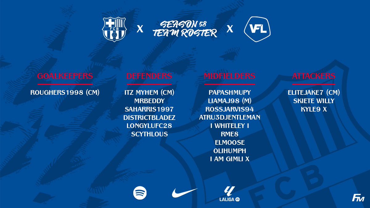 Your @VFLBarcelona squad list for S58 for <a href="/TheVFL_/">VFL</a> La Liga

🎨: <a href="/yarmology/">Fran 🍥</a> / <a href="/liamaj98/">liam</a>