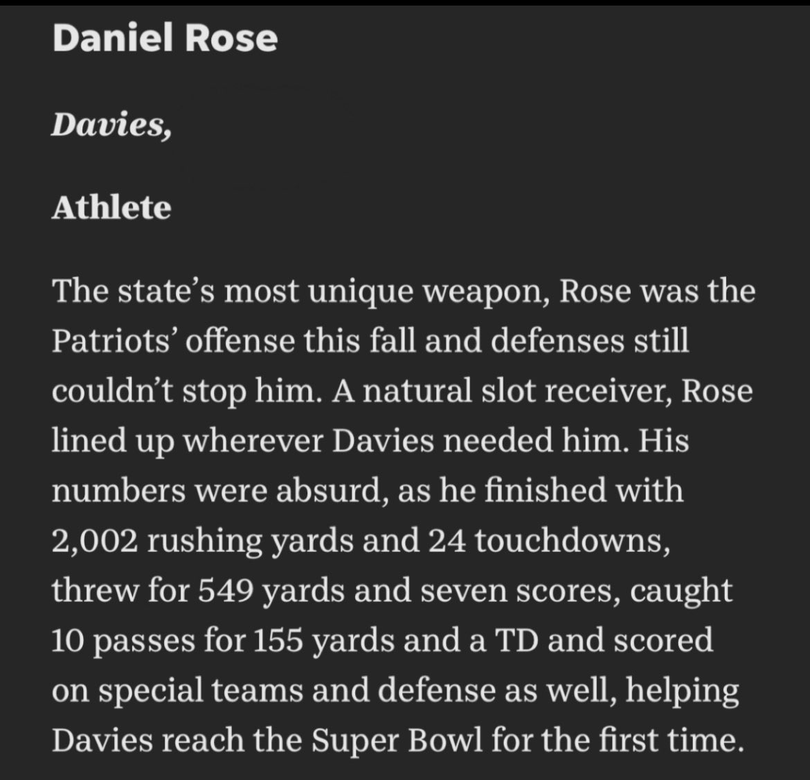 Danielrose_5's tweet photo. Blessed to be announced A First Team
All Stater. @EricRueb @projo @onray90 @DaviesFootball1 @JoeMento https://t.co/McCdBxrJUN