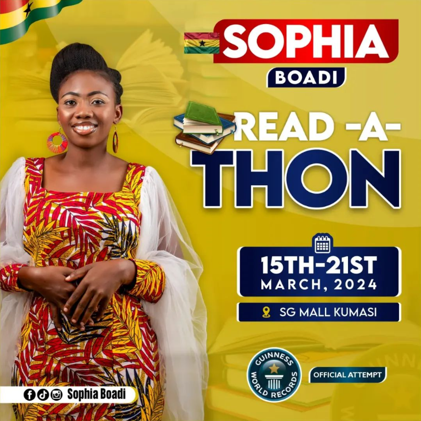 Join us in supporting Sophia Boadi's record-breaking Read-A-Thon! @GWR Let's cheer her on as she embarks on this literary adventure reading aloud for over 6days(150 hours), from March 15th to 21st, 2024.📚📷 #SophiaReadathon #ReadAloudRecord #ReadAThon #read_a_thon #Ghana #Africa