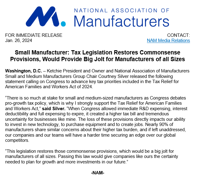 Ketchie President and Owner and NAM Small and Medium Manufacturers Group Chair Courtney Silver is calling on Congress to advance key tax priorities included in the Tax Relief for American Families and Workers Act.

Full statement: nam.org/small-manufact…