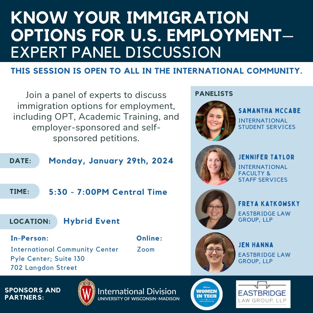 ⏰SOCIAL ALERT ⏰
Monday, January 29, 2024
HYBRID Panel/Discussion: Know Your Immigration Options for US Employment 🌐📝🏛️ @uwmadison @uw_iss @eastbridgelaw

RSVP Here: meetup.com/madison-women-…