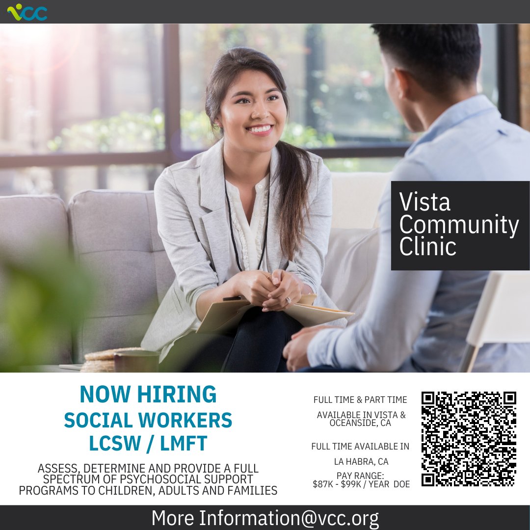 Join our team. Vista Community Clinic is hiring! Click on the link below to see all our open positions and apply today! …https://careerportaln-vistacommunityclinic.icims.comVista Community Clinic is an Equal Opportunity Employer. #VCC #ChooseHealth #HiringNow