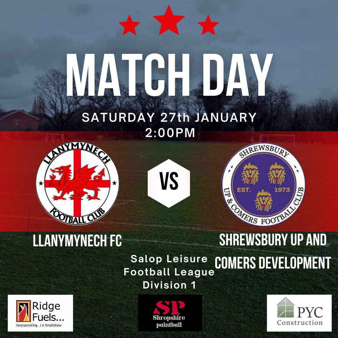 After a long break, we finally return to action against Up and Comers development at home, 2pm KO.

Match Day Sponsor: Shropshire Paintball
Match Ball Sponsor: Ridge Fuels 
Training shirt sponsor : <a href="/PYCgroup/">PYC Group</a>