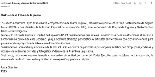 eduardoulibarr1's tweet photo. Excelente y oportuna declaración del Instituto de Prensa y Libertad de Expresión (#Iplex), sobre el atropello a periodistas, ayer, por parte de innecesarios guardaespaldas de #MartaEsquivel, presidenta ejecutiva de la CCSS. https://t.co/2n7PQzEp1X