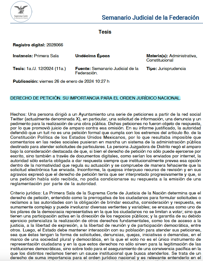 📑DERECHO DE PETICIÓN. La 1ra Sala de SCJN determina que el derecho de petición, entendido como la prerrogativa de los ciudadanos para formular solicitudes o reclamos a las autoridades con la obligación de brindar escucha, consideración y respuesta, es sumamente complejo y puede