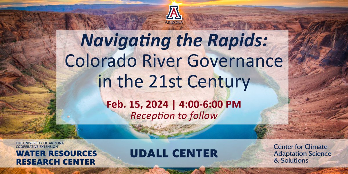 🚰This may be the most comprehensive discussion of Colorado River policy in 2024!

10 experts on water policy and governance from across the Colorado River Basin will gather at the award-winning ENR2 building for this unique, free event.

Learn more here: tinyurl.com/mwtn4xdd