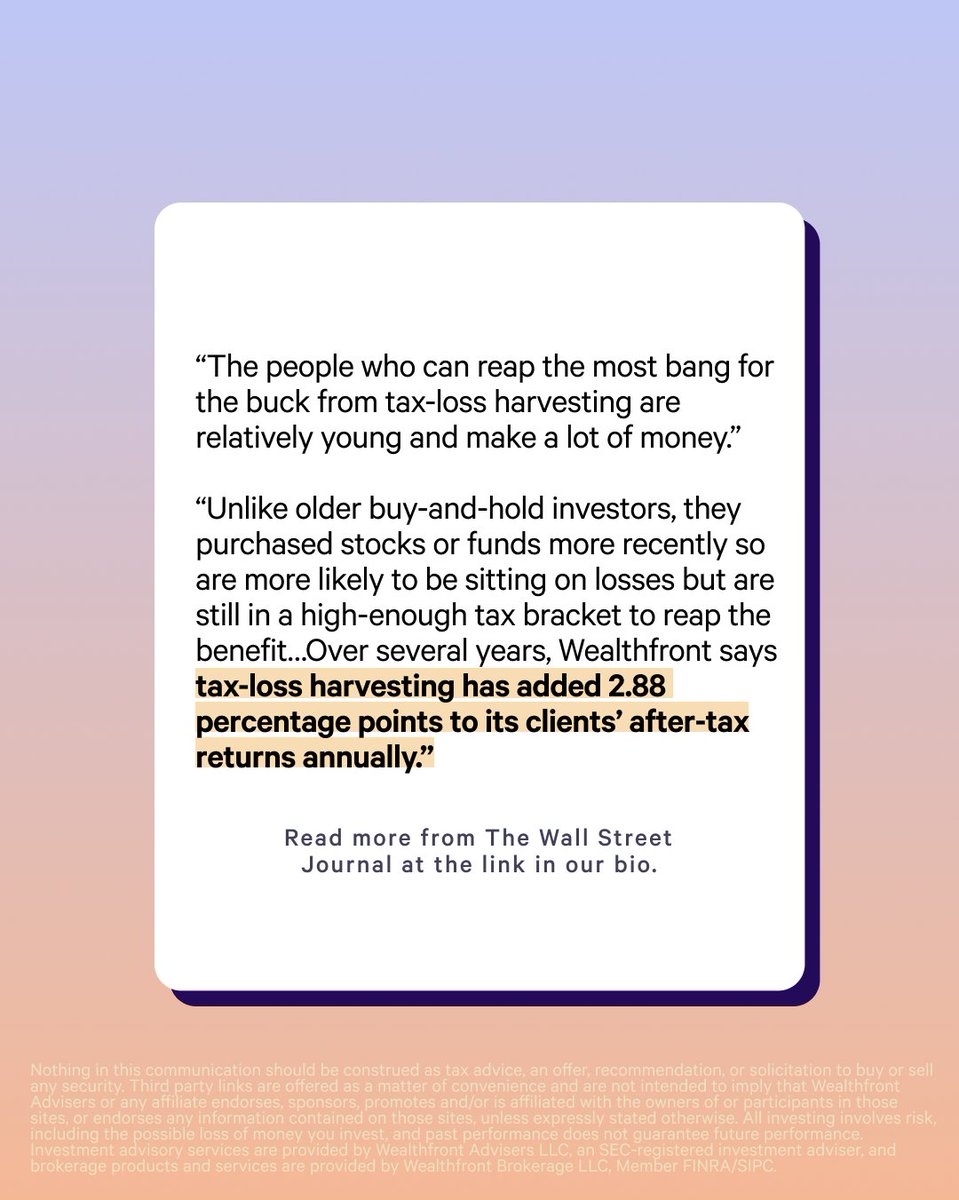 Waiting until the end of the year to harvest tax losses could mean leaving money on the table. Read more from the Wall Street Journal, featuring our own Vice President of Investment Research, Alex Michalka: wlthfrnt.co/3Hy679V